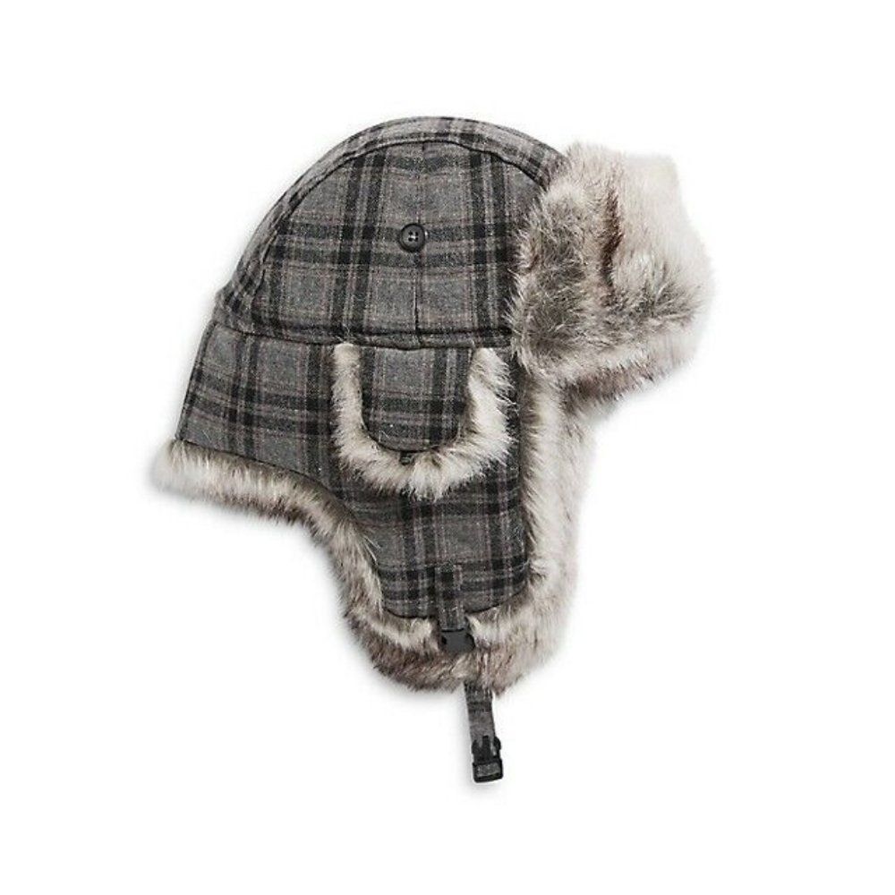 Black Brown 1826 Faux Fur Trim Plaid Aviator Hat GREY Large/X-Large